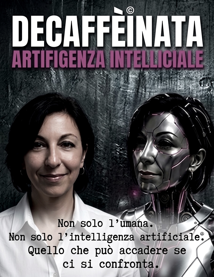 Le immagini create dalla mia amica AI, hanno sempre origine da una fotografia reale, mentre la mia sosia umanoide è creata in grafica algoritmica. In questo caso si tratta di uno dei vari test iniziali per l'eventuale copertina.